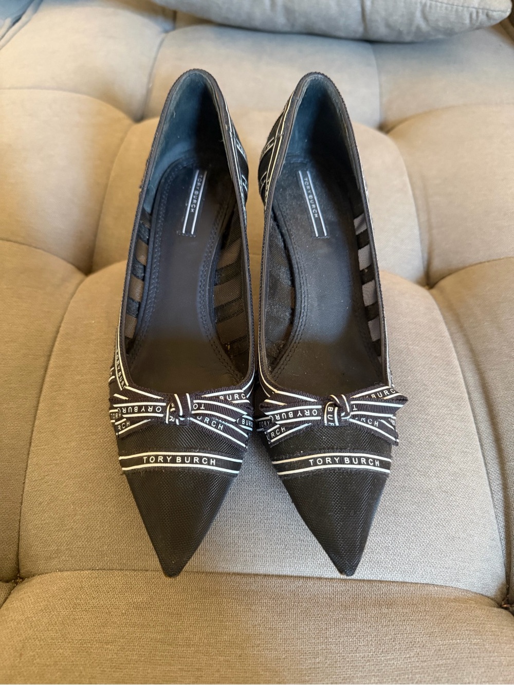 Tory Burch Black Pointed Toe Logo Bow Flats